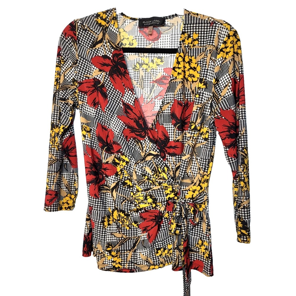Black Label by Evan-Picone Houndstooth Faux Wrap Top 3/4 Sleeve Small Career